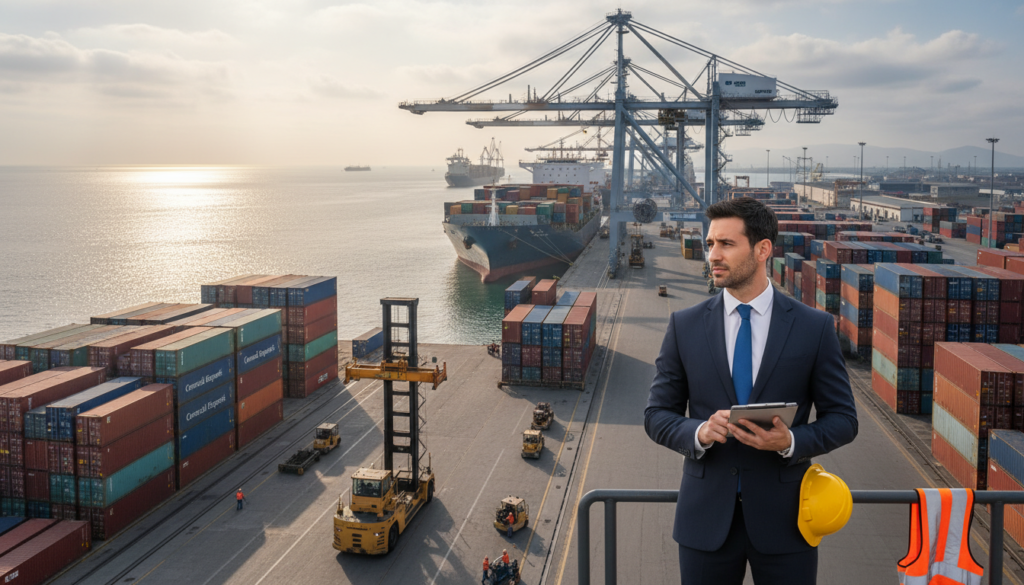 A busy port scene illustrating "operaciones portuarias," showcasing various cargo ships and container cranes working in harmony. In the foreground, a professional in business attire inspects equipment with a clipboard, emphasizing the importance of safety protocols. The middle ground features large cargo containers stacked neatly, while dockworkers, also dressed in safety gear, collaborate efficiently. In the background, the shimmering water reflects the sunlight, casting a warm glow over the bustling activity. Industrial buildings and shipping terminals line the waterfront. The mood is dynamic and industrious, reflecting the critical operations of maritime logistics. Soft, natural lighting enhances the scene, creating a realistic atmosphere. Include the brand name "Comercial Esquerré" subtly on one of the containers to signify the company's involvement in port operations.