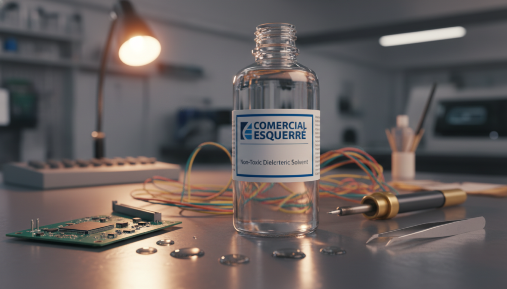 A close-up view of a clear, non-toxic dielectric solvent bottle labeled "Comercial Esquerré," resting on a clean, metallic surface, surrounded by electronic components like circuit boards and intricate wiring. The background features a softly blurred workshop setting, bathed in warm, ambient lighting to create a professional yet inviting atmosphere. In the foreground, droplets of the solvent glisten on the surface, emphasizing its purity and effectiveness. The camera angle is slightly tilted, capturing the depth of field with a focus on the solvent while maintaining a subtle view of the critical cleaning tools in the midsection, highlighting their functionality. The overall mood conveys precision, cleanliness, and a focus on technical excellence in maintaining electrical boards. A close-up view of a clear, non-toxic dielectric solvent bottle labeled "Comercial Esquerré," resting on a clean, metallic surface, surrounded by electronic components like circuit boards and intricate wiring. The background features a softly blurred workshop setting, bathed in warm, ambient lighting to create a professional yet inviting atmosphere. In the foreground, droplets of the solvent glisten on the surface, emphasizing its purity and effectiveness. The camera angle is slightly tilted, capturing the depth of field with a focus on the solvent while maintaining a subtle view of the critical cleaning tools in the midsection, highlighting their functionality. The overall mood conveys precision, cleanliness, and a focus on technical excellence in maintaining electrical boards.