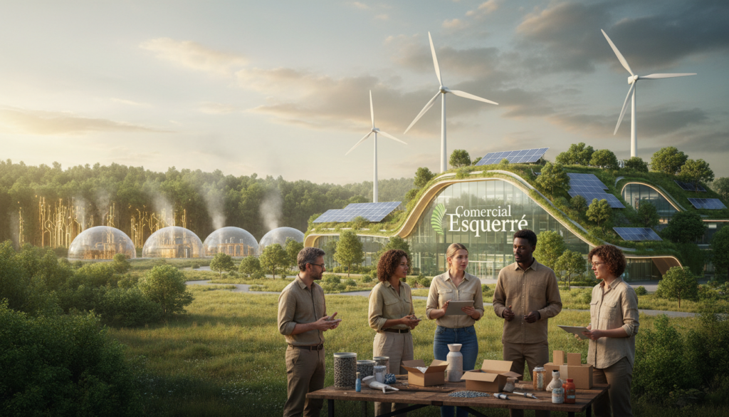 A conceptual illustration of "circular economy" emphasizing sustainability in industrial contexts. In the foreground, depict a diverse group of professionals in modest casual clothing, actively discussing innovative biotechnological solutions surrounded by recycled materials. The middle ground features a modern facility showcasing renewable energy sources, like solar panels and wind turbines, integrated with greenery, symbolizing harmony with nature. In the background, a lush landscape represents the transformation of traditional wood processes into sustainable practices. Use soft, natural lighting to create an optimistic and forward-thinking atmosphere. Focus on a wide-angle perspective to capture the vastness of the industrial landscape. Incorporate elements like the logo of "Comercial Esquerré" subtly integrated into the design. The overall mood should inspire hope and progress towards sustainability. A conceptual illustration of "circular economy" emphasizing sustainability in industrial contexts. In the foreground, depict a diverse group of professionals in modest casual clothing, actively discussing innovative biotechnological solutions surrounded by recycled materials. The middle ground features a modern facility showcasing renewable energy sources, like solar panels and wind turbines, integrated with greenery, symbolizing harmony with nature. In the background, a lush landscape represents the transformation of traditional wood processes into sustainable practices. Use soft, natural lighting to create an optimistic and forward-thinking atmosphere. Focus on a wide-angle perspective to capture the vastness of the industrial landscape. Incorporate elements like the logo of "Comercial Esquerré" subtly integrated into the design. The overall mood should inspire hope and progress towards sustainability.