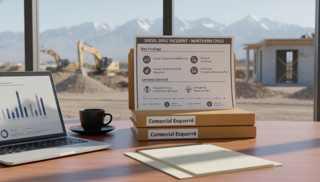 A detailed executive summary layout on a sleek desk featuring documents related to a diesel spill incident in a construction site in northern Chile. The foreground showcases a polished wooden desk with a laptop displaying data analytics, a coffee cup, and a notepad filled with handwritten notes. In the middle, there are organized files labeled "Comercial Esquerré" stacked neatly, with a striking visual of an infographic summarizing key findings and lessons learned from the case. The background consists of a large window allowing natural light to flood in, with a view of a construction site and distant mountains. The mood is professional and serious, emphasizing clarity and organization, captured with a soft focus, bright natural lighting, and a slight overhead angle to enhance the sense of depth and importance.