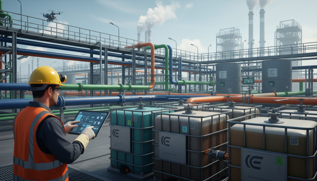 A detailed illustration depicting "liquid waste traceability" in an industrial context. In the foreground, a professional wearing a safety helmet and a reflective vest inspects containers of liquid waste, focusing on labeling and tracking systems. The middle ground features a complex network of pipes and storage tanks used for liquid waste management, showcasing various colors representing different types of waste. In the background, an industrial facility under a blue sky, with smoke coming from smokestacks, emphasizes the industrial setting. Soft, diffused lighting enhances visibility and creates a serious atmosphere. The brand name "Comercial Esquerré" is subtly incorporated into the design elements, such as a safety sign or container label, without visibility of any text. The overall mood is one of diligence and compliance.