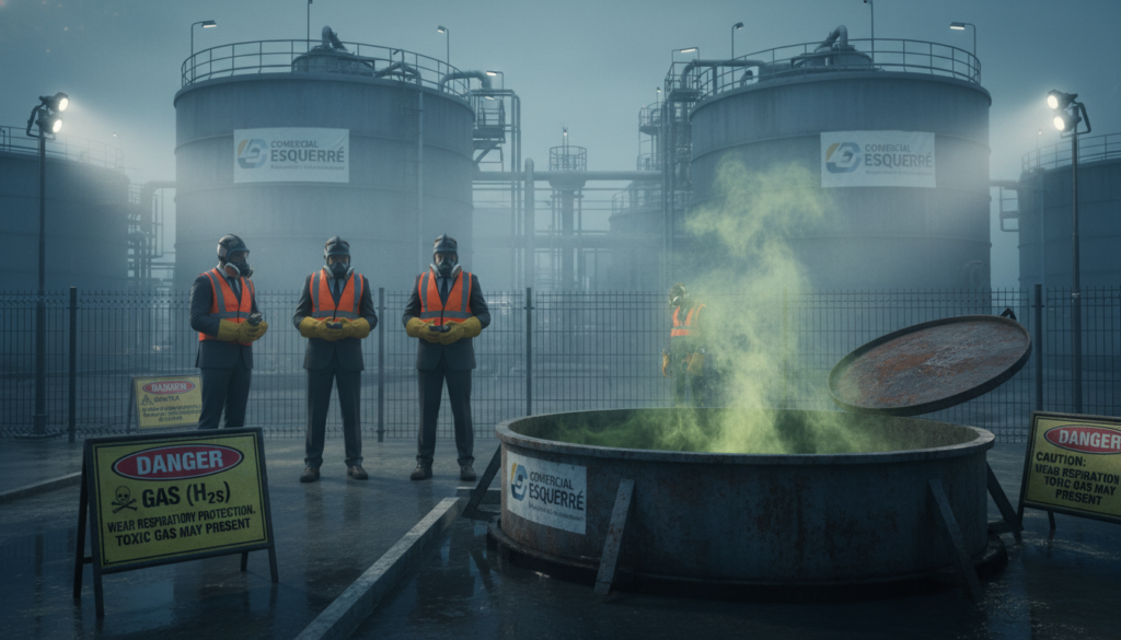A detailed industrial scene depicting wastewater treatment facilities, highlighting the presence of hydrogen sulfide (H2S) in septic tanks. In the foreground, show a close-up of a septic tank with potentially hazardous gases emanating from it, surrounded by warning signs. In the middle ground, visualize workers in professional business attire monitoring the area, employing safety gear such as masks and gloves to represent precautions against H2S exposure. In the background, illustrate a series of large industrial tanks and pipes within a wastewater treatment plant setting, shrouded in a subtle mist. Use dramatic lighting to create a serious, cautionary mood, emphasizing the risks associated with H2S. Capture the essence of "Comercial Esquerré" as a responsible entity in wastewater management.