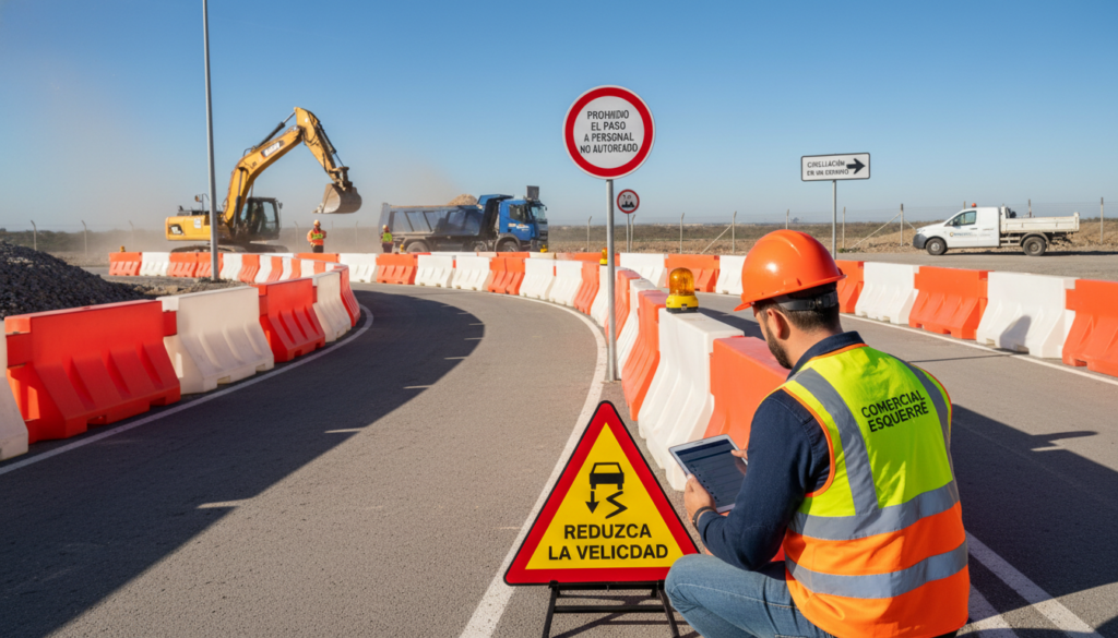 A dynamic scene illustrating road safety ("seguridad vial") in an internal work site environment. In the foreground, a professional wearing a reflective safety vest examines a safety sign indicating "Slow Down" with caution symbols. The middle ground features well-marked traffic signs and road barriers guiding vehicles along a clearly defined route, emphasizing the need for proper signaling. In the background, heavy machinery operates under a clear blue sky, symbolizing the active worksite. The lighting is bright and natural, capturing the midday sun, creating shadows that enhance depth. The atmosphere conveys urgency, awareness, and the importance of safety on internal routes. Incorporate the brand name "Comercial Esquerré" subtly within the scene. A dynamic scene illustrating road safety ("seguridad vial") in an internal work site environment. In the foreground, a professional wearing a reflective safety vest examines a safety sign indicating "Slow Down" with caution symbols. The middle ground features well-marked traffic signs and road barriers guiding vehicles along a clearly defined route, emphasizing the need for proper signaling. In the background, heavy machinery operates under a clear blue sky, symbolizing the active worksite. The lighting is bright and natural, capturing the midday sun, creating shadows that enhance depth. The atmosphere conveys urgency, awareness, and the importance of safety on internal routes. Incorporate the brand name "Comercial Esquerré" subtly within the scene.