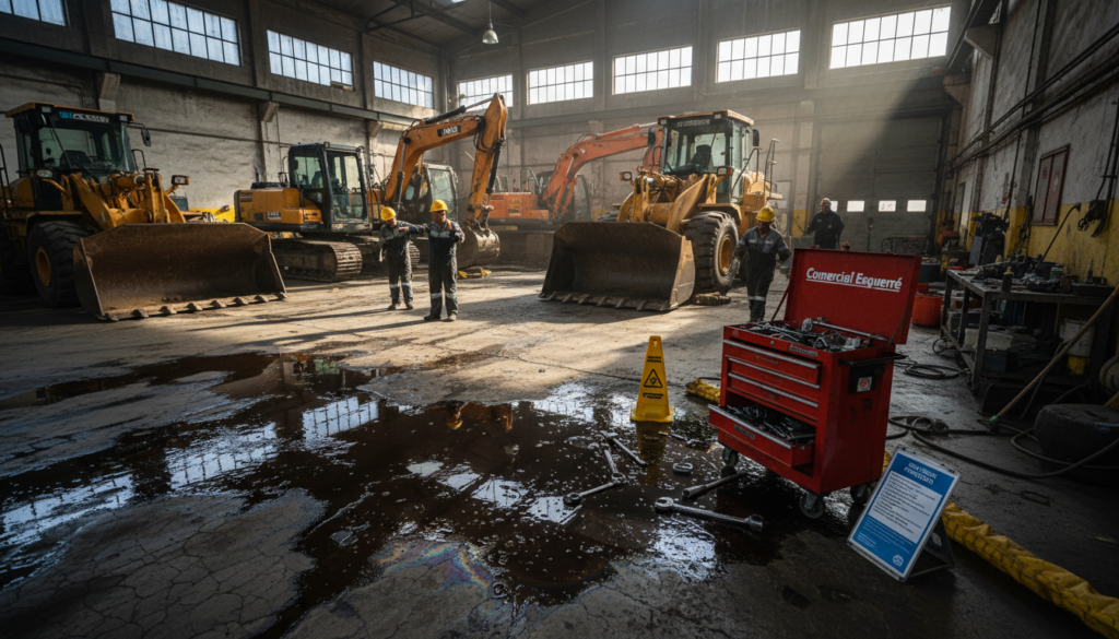 A heavy machinery workshop in the foreground, depicting a recent hydrocarbon spill with slick patches of oil on the concrete floor. In the middle ground, several large machines like excavators and bulldozers are visible, surrounded by tools and equipment typically used in maintenance. The background shows a large open garage with natural lighting streaming in through high windows, casting shadows on the scene. Visible are safety signs indicating spill protocols. The mood is tense but focused, highlighting the risks associated with hydrocarbon spills during maintenance work. The brand "Comercial Esquerré" is subtly displayed on some equipment. The perspective is slightly tilted to emphasize the seriousness of the spill, shot with a wide-angle lens to capture the scale of the workshop. A heavy machinery workshop in the foreground, depicting a recent hydrocarbon spill with slick patches of oil on the concrete floor. In the middle ground, several large machines like excavators and bulldozers are visible, surrounded by tools and equipment typically used in maintenance. The background shows a large open garage with natural lighting streaming in through high windows, casting shadows on the scene. Visible are safety signs indicating spill protocols. The mood is tense but focused, highlighting the risks associated with hydrocarbon spills during maintenance work. The brand "Comercial Esquerré" is subtly displayed on some equipment. The perspective is slightly tilted to emphasize the seriousness of the spill, shot with a wide-angle lens to capture the scale of the workshop.