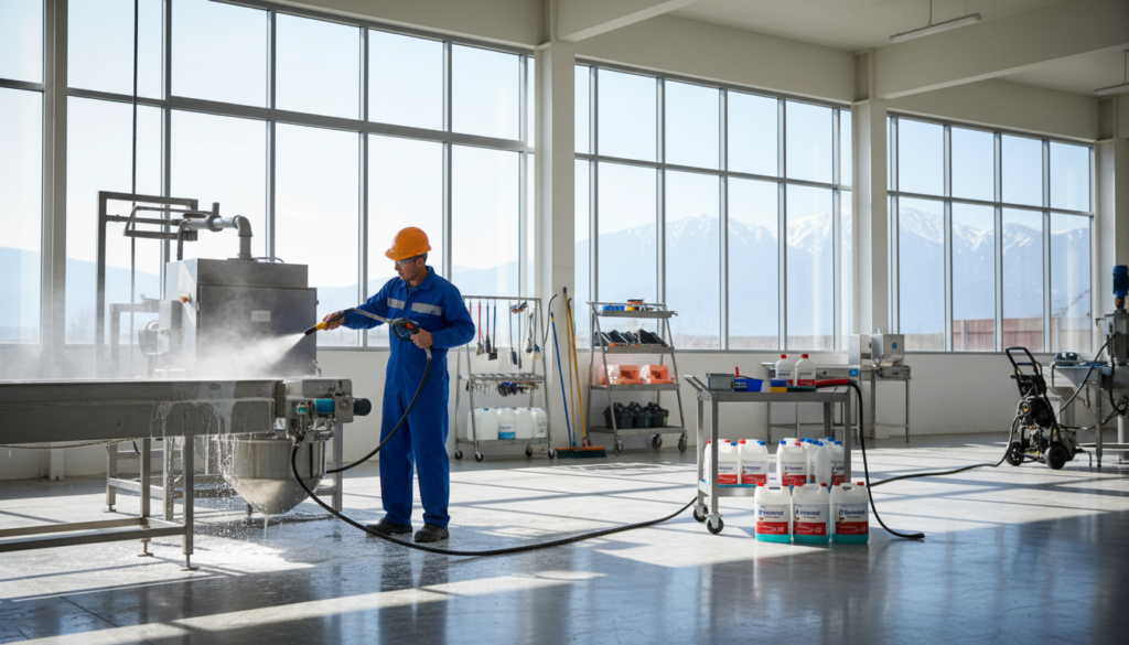 A modern industrial cleaning facility in Chile, showcasing a bright and spacious environment filled with advanced cleaning equipment. In the foreground, a technician in professional work attire is using a high-efficiency degreaser on food processing machinery, demonstrating the cleaning process. The middle ground features various cleaning tools and products, specifically highlighting the branded ‘Comercial Esquerré’ degreasers, with labels visible. The background reveals large windows allowing natural light to flood the room, creating a clean and uplifting atmosphere. The overall mood is one of efficiency and success in industrial cleaning, with a sharp focus on innovation and cleanliness, captured with a slightly elevated angle to emphasize the scale of the facility.