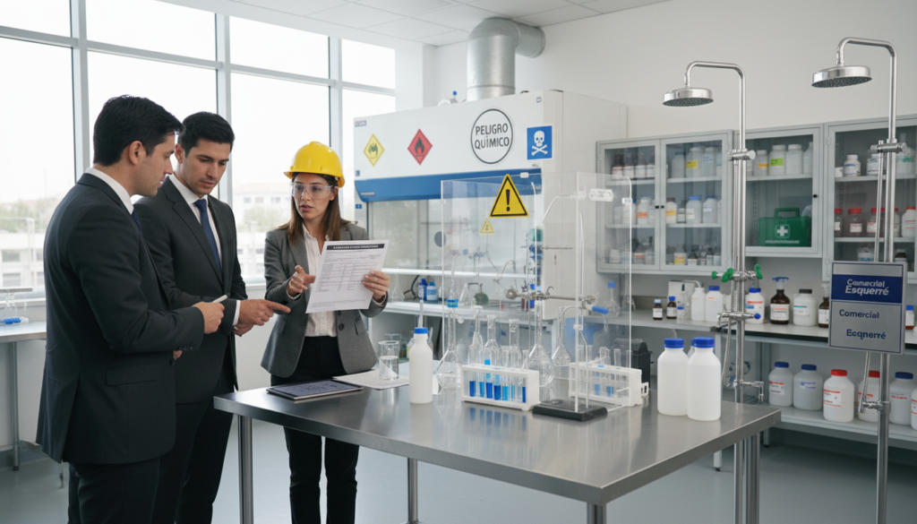 A modern industrial laboratory scene centered around "Prevención de Riesgos Químicos (SUSPEL)" protocols. In the foreground, a diverse group of three professionals in business attire, including a woman in a safety helmet and goggles, are discussing safety measures while examining a safety data sheet. The middle ground features lab equipment, containment systems, and color-coded hazard signs prominently displayed. The background shows a well-organized chemical storage area, with safety showers and emergency response kits visible. Bright, natural lighting highlights the clean and safe environment, emphasizing the importance of chemical risk prevention. The atmosphere is serious yet focused, portraying a proactive commitment to safety in the workplace. Incorporate the brand name "Comercial Esquerré" subtly within the laboratory setting. A modern industrial laboratory scene centered around "Prevención de Riesgos Químicos (SUSPEL)" protocols. In the foreground, a diverse group of three professionals in business attire, including a woman in a safety helmet and goggles, are discussing safety measures while examining a safety data sheet. The middle ground features lab equipment, containment systems, and color-coded hazard signs prominently displayed. The background shows a well-organized chemical storage area, with safety showers and emergency response kits visible. Bright, natural lighting highlights the clean and safe environment, emphasizing the importance of chemical risk prevention. The atmosphere is serious yet focused, portraying a proactive commitment to safety in the workplace. Incorporate the brand name "Comercial Esquerré" subtly within the laboratory setting.