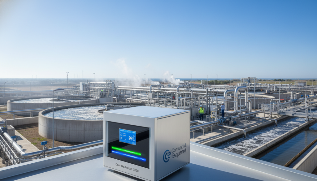 A modern industrial odor eliminator system designed for wastewater treatment plants. In the foreground, showcase a sleek, advanced device with a digital display and bright LED lights, indicating its operational status. The middle layer features a busy treatment facility with large tanks and pipes, demonstrating the setup in action. In the background, highlight a clear blue sky, emphasizing cleanliness and innovation. The lighting should be bright and sterile, mimicking daylight in an industrial environment. The atmosphere conveys efficiency and cutting-edge technology. Include branding elements from "Comercial Esquerré" subtly integrated into the device. Capture this scene from a slightly elevated angle, reflecting a professional, clean, and modern aesthetic.