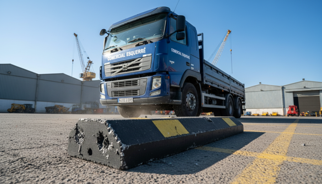 A powerful and dynamic scene capturing the moment of an industrial vehicle colliding with a parking stop, designed to showcase the durability of modern materials used by Comercial Esquerré. In the foreground, a robust parking stop made of advanced composite materials stands resilient against the impact, with visible scratches and scuffs highlighting its strength. In the middle ground, an industrial truck, painted in bold colors, is depicted in motion, its front end approaching the stop, emphasizing the concept of distance in driving. The background features a busy industrial environment, with warehouses and machinery visible under a clear blue sky, conveying an atmosphere of action and risk. The lighting is bright and direct, creating sharp contrasts that emphasize the tension of the moment, while a slight low-angle perspective adds drama to the scene.