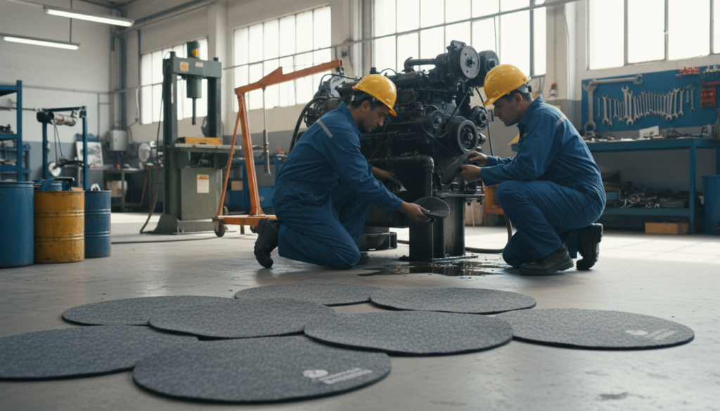 A set of EcoPad absorbent pads specifically designed for hydrocarbon spills, prominently displayed in a workshop setting. In the foreground, showcase several EcoPad pads laid out neatly, with their textured surface visible, highlighting their absorbent properties. In the middle ground, workers in professional attire are engaged in a maintenance task, demonstrating the pads' use. The background features machinery typical of heavy maintenance workshops, with tools and equipment organized on shelves. Natural and artificial lighting combine to create a bright, clean environment, emphasizing safety and efficiency. The scene conveys a mood of professionalism and preparedness in spill response management. Include the logo of "Comercial Esquerré" subtly on some of the pads to emphasize brand identity without dominating the image. A set of EcoPad absorbent pads specifically designed for hydrocarbon spills, prominently displayed in a workshop setting. In the foreground, showcase several EcoPad pads laid out neatly, with their textured surface visible, highlighting their absorbent properties. In the middle ground, workers in professional attire are engaged in a maintenance task, demonstrating the pads' use. The background features machinery typical of heavy maintenance workshops, with tools and equipment organized on shelves. Natural and artificial lighting combine to create a bright, clean environment, emphasizing safety and efficiency. The scene conveys a mood of professionalism and preparedness in spill response management. Include the logo of "Comercial Esquerré" subtly on some of the pads to emphasize brand identity without dominating the image.