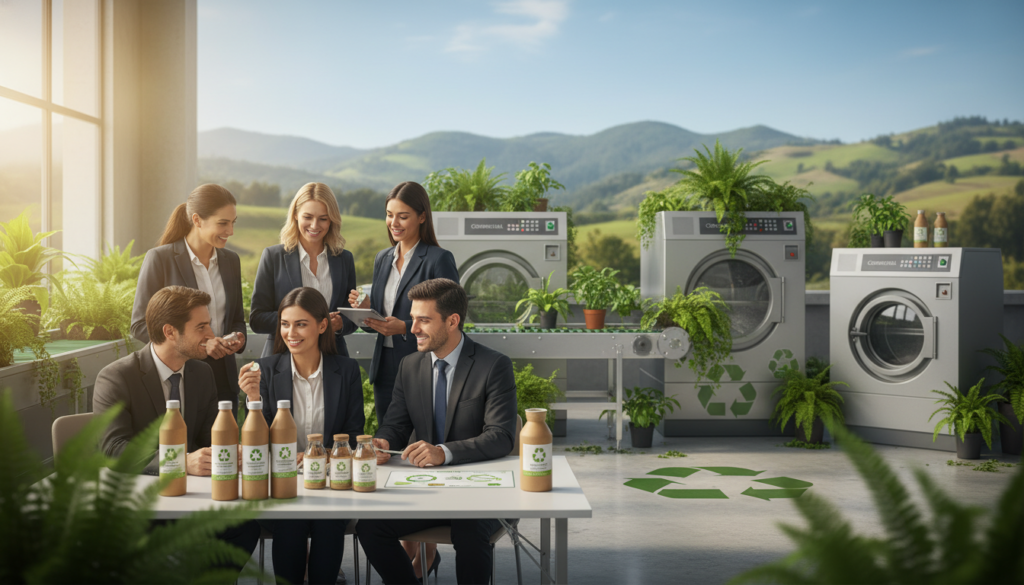 A vibrant and engaging scene illustrating the concept of "towards circular economy" in industrial cleaning processes. In the foreground, a diverse group of professionals dressed in business attire examines biodegradable cleaning products from the brand "Comercial Esquerré", showcasing their eco-friendly features. The middle ground features industrial settings with large machinery, surrounded by green plants and recycling symbols, emphasizing sustainable practices. The background depicts a beautiful Chilean landscape, with rolling hills and clear skies, symbolizing a brighter future. Soft, natural lighting creates a warm atmosphere, while a shallow depth of field focuses on the professionals and products, highlighting innovation and responsibility in reducing carbon footprints. The mood is optimistic and forward-thinking, representing both progress and collaboration towards sustainability. A vibrant and engaging scene illustrating the concept of "towards circular economy" in industrial cleaning processes. In the foreground, a diverse group of professionals dressed in business attire examines biodegradable cleaning products from the brand "Comercial Esquerré", showcasing their eco-friendly features. The middle ground features industrial settings with large machinery, surrounded by green plants and recycling symbols, emphasizing sustainable practices. The background depicts a beautiful Chilean landscape, with rolling hills and clear skies, symbolizing a brighter future. Soft, natural lighting creates a warm atmosphere, while a shallow depth of field focuses on the professionals and products, highlighting innovation and responsibility in reducing carbon footprints. The mood is optimistic and forward-thinking, representing both progress and collaboration towards sustainability.
