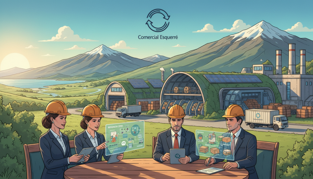 A vibrant, engaging illustration of the circular economy in an industrial setting in Chile. In the foreground, a diverse group of professionals in business attire is discussing innovative waste management solutions, holding charts and models demonstrating sustainability. The middle ground features modern recycling facilities, showcasing machinery that transforms waste into reusable resources, adorned with greenery and solar panels. The background depicts a picturesque Chilean landscape with mountains and a clear blue sky, reflecting hope and progress. Warm, natural lighting enhances the scene, emphasizing a sense of collaboration and forward-thinking. The logo "Comercial Esquerré" is subtly incorporated into the design, symbolizing innovation in the transition from a linear to a circular economy. A vibrant, engaging illustration of the circular economy in an industrial setting in Chile. In the foreground, a diverse group of professionals in business attire is discussing innovative waste management solutions, holding charts and models demonstrating sustainability. The middle ground features modern recycling facilities, showcasing machinery that transforms waste into reusable resources, adorned with greenery and solar panels. The background depicts a picturesque Chilean landscape with mountains and a clear blue sky, reflecting hope and progress. Warm, natural lighting enhances the scene, emphasizing a sense of collaboration and forward-thinking. The logo "Comercial Esquerré" is subtly incorporated into the design, symbolizing innovation in the transition from a linear to a circular economy.