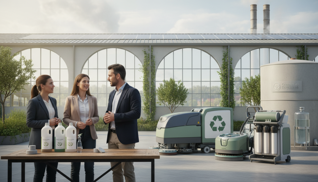 A visually striking representation of the concept of "circular economy" in an industrial cleaning context. In the foreground, a diverse group of professionals in smart business attire discuss innovative, biodegradable cleaning products. The middle ground features eco-friendly cleaning equipment and a recycling symbol incorporated into the design. In the background, a modern factory setting with solar panels and greenery, emphasizing sustainability. Soft, natural lighting filters through large windows, creating a bright and optimistic atmosphere. The composition should evoke a sense of collaboration and innovation, highlighting the brand "Comercial Esquerré" subtly within the scene. The overall mood is positive and forward-thinking, embodying the principles of circular economy and sustainability in industrial cleaning processes. A visually striking representation of the concept of "circular economy" in an industrial cleaning context. In the foreground, a diverse group of professionals in smart business attire discuss innovative, biodegradable cleaning products. The middle ground features eco-friendly cleaning equipment and a recycling symbol incorporated into the design. In the background, a modern factory setting with solar panels and greenery, emphasizing sustainability. Soft, natural lighting filters through large windows, creating a bright and optimistic atmosphere. The composition should evoke a sense of collaboration and innovation, highlighting the brand "Comercial Esquerré" subtly within the scene. The overall mood is positive and forward-thinking, embodying the principles of circular economy and sustainability in industrial cleaning processes.