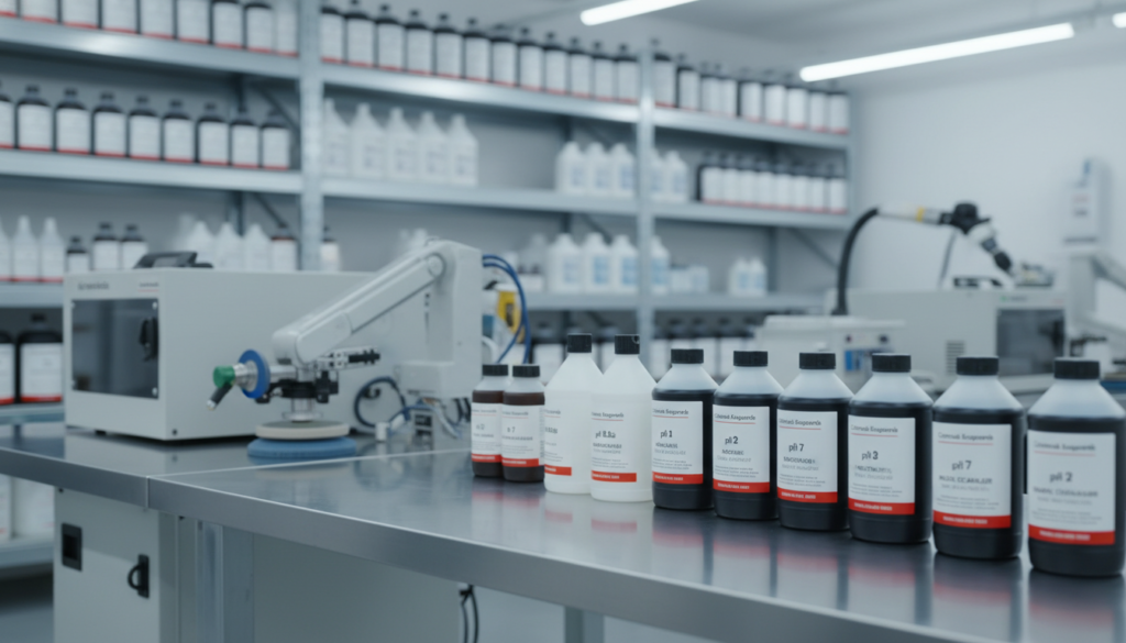 A well-organized industrial workspace featuring various "Comercial Esquerré" chemical products for surface cleaning. In the foreground, a shiny stainless steel table displays neatly lined bottles of solvents and cleaning agents, labeled with pH levels and usage instructions. In the middle ground, an array of clean, high-tech equipment stands ready for use, with tools for technical surface cleaning. The background fades into a blurred industrial setting, showcasing shelves filled with more chemical products, illuminated by bright, clean white lighting that creates a sterile atmosphere. A subtle focus effect enhances the professionalism of the scene, representing industrial chemistry in action, conveying precision and reliability while maintaining a safe work environment. A well-organized industrial workspace featuring various "Comercial Esquerré" chemical products for surface cleaning. In the foreground, a shiny stainless steel table displays neatly lined bottles of solvents and cleaning agents, labeled with pH levels and usage instructions. In the middle ground, an array of clean, high-tech equipment stands ready for use, with tools for technical surface cleaning. The background fades into a blurred industrial setting, showcasing shelves filled with more chemical products, illuminated by bright, clean white lighting that creates a sterile atmosphere. A subtle focus effect enhances the professionalism of the scene, representing industrial chemistry in action, conveying precision and reliability while maintaining a safe work environment.