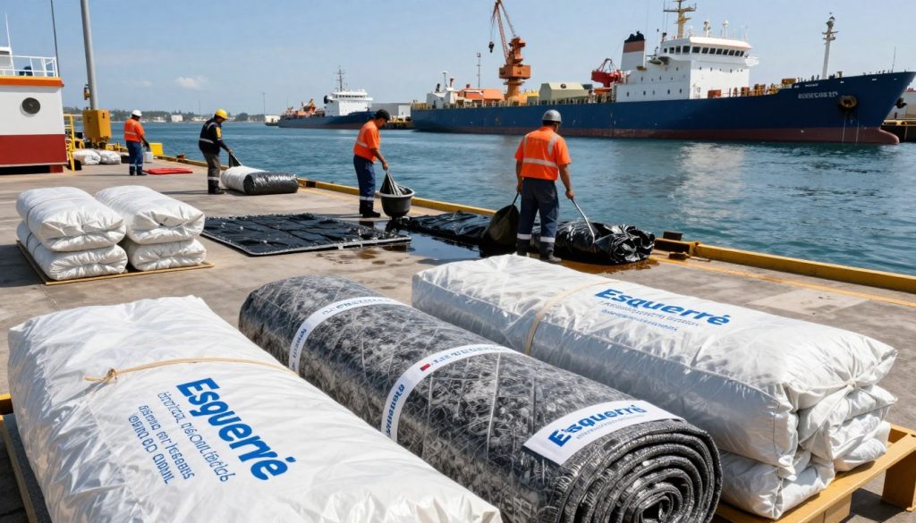 A busy marine terminal with various certified hydrocarbon absorbents in action. In the foreground, showcase Esquerré absorbent materials neatly arranged, highlighting their textures and branding. The middle ground features port workers in professional attire, actively deploying absorbent booms and pads near a dock, demonstrating their usage in an oil spill clean-up. In the background, include ships and cranes operating under a clear blue sky, creating a sense of productivity and vigilance. The sunlight reflects off the water’s surface, enhancing the clarity of the scene. Focus on a professional atmosphere, emphasizing safety and environmental responsibility. Capture the moment with a slightly elevated viewpoint, providing a comprehensive view of the terminal while maintaining a sharp focus on the absorbent solutions.