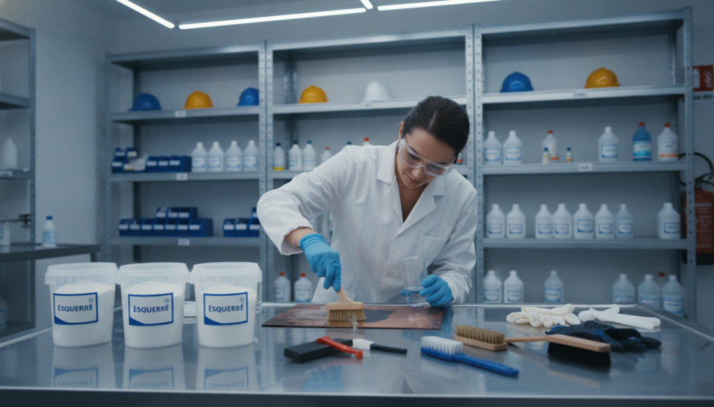 A clean industrial workspace showcasing the process of oxalic acid cleaning applications. In the foreground, a laboratory table displays various oxalic acid containers marked with the brand "Esquerré," alongside tools such as brushes and gloves. In the middle ground, a professional chemist in a lab coat carefully measures oxalic acid, demonstrating its effectiveness in cleaning metal surfaces. The background features shelves stocked with industrial cleaning agents and safety equipment in a well-lit, sterile laboratory environment. The lighting emphasizes clarity and professionalism, accentuating the scientific atmosphere. The image conveys a sense of precision and industry, highlighting the versatile applications of oxalic acid in cleaning and maintenance.