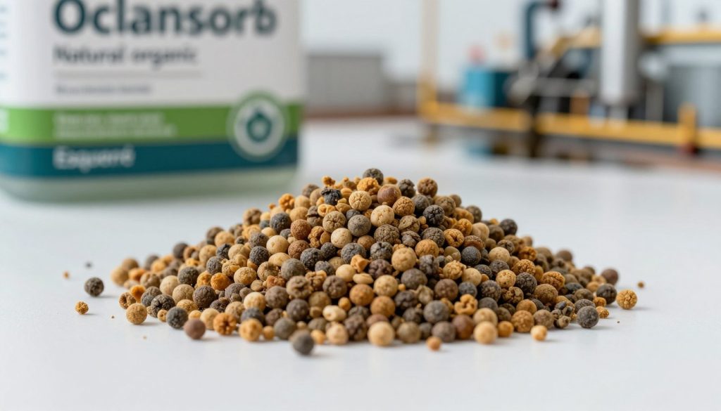 A close-up view of Oclansorb, a natural organic absorbent for hydrocarbons, displayed prominently on a clean, polished surface. The absorbent particles are illustrated in vibrant detail, showcasing their texture and color, emphasizing their eco-friendly composition. In the background, a blurred image of an industrial workplace is hinted at, featuring equipment and oil spills to highlight the product's application. Soft, natural lighting bathes the scene, creating a calm yet professional atmosphere. A macro lens perspective captures the fine details of the absorbent material, while the brand name "Esquerré" is subtly incorporated into the foreground element. The mood is informative and innovative, resonating with sustainability and environmental consciousness.