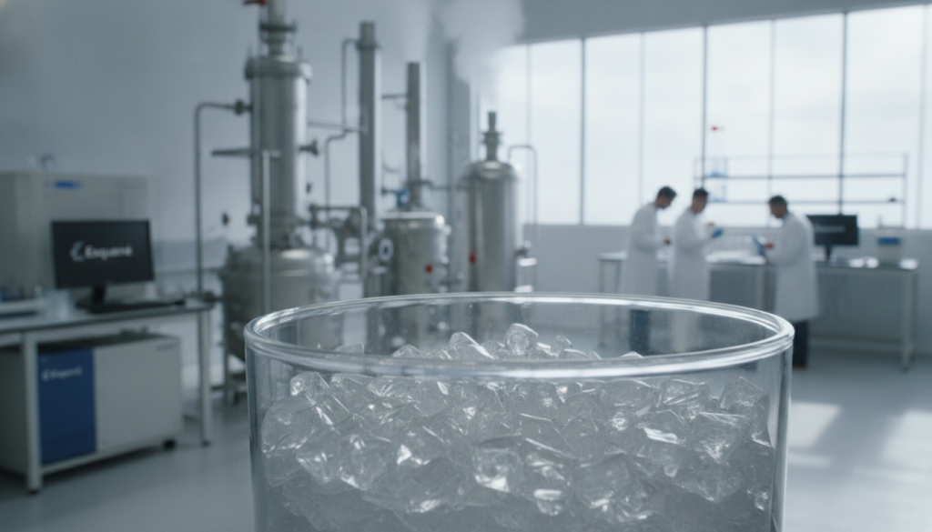 A close-up view of a chemical processing facility focusing on oxalic acid production. In the foreground, a glass container filled with clear, crystalline oxalic acid, reflecting light. The middle ground features industrial equipment, like large stainless steel reactors and pipelines, with subtle steam rising from vents. In the background, a busy lab setting with professionals in white lab coats and safety goggles, analyzing samples and discussing processes. The scene is illuminated by bright, natural lighting that enhances the sterile and professional atmosphere, emphasizing the importance of oxalic acid in industrial applications. The brand name "Esquerré" subtly incorporated into the laboratory environment.