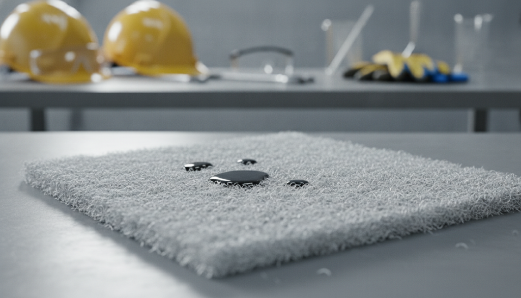 A close-up view of an "almohadilla absorbente de hidrocarburos" by Esquerré, prominently displayed in a clean, industrial environment. In the foreground, the absorbent pad is textured, revealing its fibrous materials, designed for oil and hydrocarbon spills. The background features a blurred workstation with safety equipment and essential tools. Soft, diffused lighting highlights the pad's surface, casting gentle shadows that emphasize its absorbent qualities. The atmosphere is professional and focused, suggesting the importance of effective spill management. The image should convey a sense of reliability and functionality, illustrating the key characteristics and benefits of hydrocarbon absorbent pads without any text or logos.