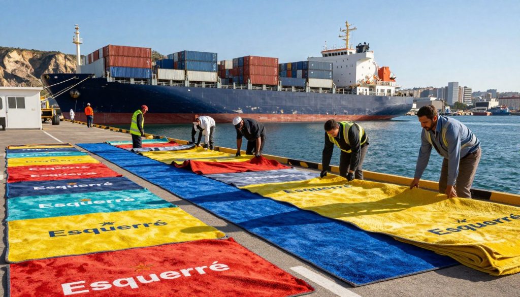 A coastal scene depicting a bustling port environment focused on hydrocarbon absorbents. In the foreground, an array of brightly colored absorbent pads branded "Esquerré" sprawled on a dock. Marine workers in professional business attire are safely placing the absorbents near a ship, showcasing a proactive approach to environmental safety. In the middle ground, a cargo ship is docked, with containers stacked high, and a clear blue sky above. The background features rugged cliffs and distant city buildings, emphasizing the port's industrial activity. Natural sunlight casts a warm glow, highlighting the vibrant colors and textures of the absorbents. The overall mood is one of diligence and responsibility toward marine safety and environmental compliance.