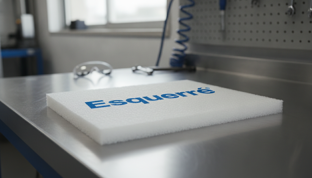 A detailed, close-up image of a hydrocarbon absorbent pad branded "Esquerré" placed on a clean, industrial work surface. The absorbent pad is textured, showcasing its porous surface designed to soak up spills, primarily in oil and chemical applications. In the background, slightly blurred, are industrial tools and equipment to imply a working environment. The lighting is bright and natural, highlighting the pad’s absorbent qualities, with soft shadows to add depth. The camera angle is slightly above the pad, bringing the viewer's focus directly to its design and functionality. The atmosphere is professional and informative, reflecting the product's use in practical, industrial settings. The overall mood is clean and efficient, conveying reliability and safety.