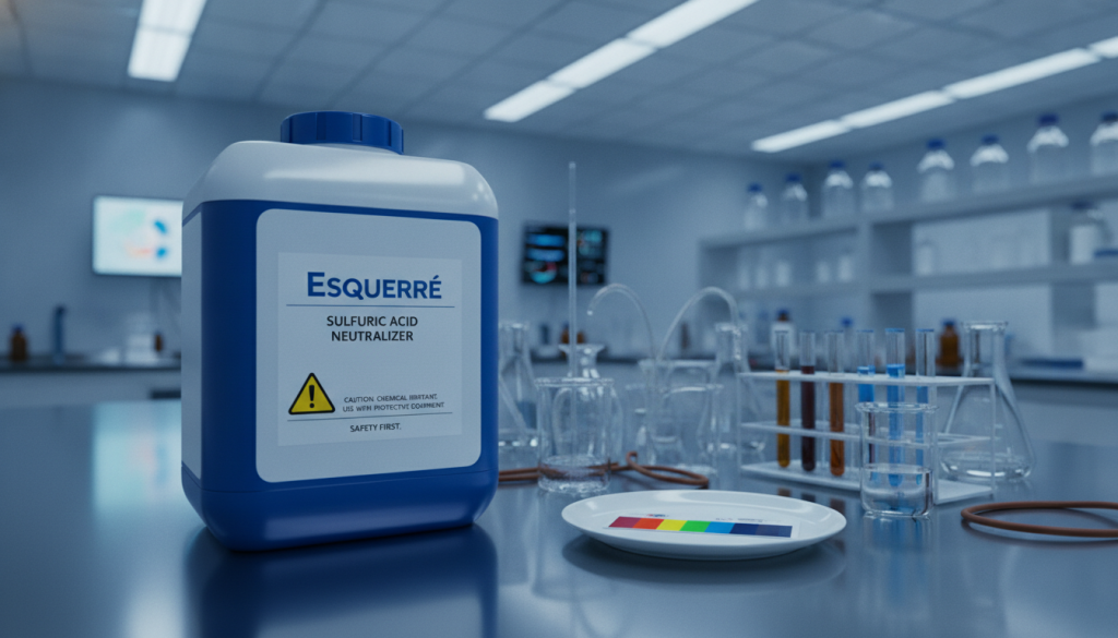 A detailed depiction of a sulfuric acid neutralizer, specifically branded as "Esquerré". In the foreground, showcase the neutralizer: a modern, sleek container with safety warnings clearly visible, reflecting a professional laboratory setting. The middle ground features an assortment of laboratory equipment, such as beakers, test tubes, and a color-coded pH test strip, emphasizing the scientific approach to acid-base neutralization. In the background, include a blurred view of a well-equipped laboratory with ambient LED lighting casting a clinical glow, enhancing the atmosphere of precision and safety. Capture this scene from a slightly elevated angle, focusing on the neutralizer and its instrumental surroundings, creating a mood of seriousness and professionalism suitable for a scientific discussion.