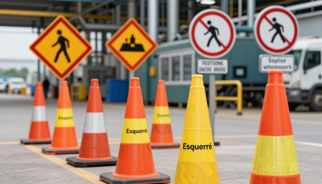 A detailed industrial scene showcasing road safety signage in a factory setting. In the foreground, prominently feature various industrial safety cones with clear vivid colors, including orange and yellow, branded with the name "Esquerré". The middle ground should depict safety signs indicating pedestrian pathways and speed limits, showing the importance of compliance in industrial areas. In the background, illustrate a blurred view of industrial machinery and bustling activity to emphasize the environment. The lighting should be bright and professional, mimicking natural daylight, with a slight focus on the cones to enhance their visibility. The atmosphere should convey a sense of order and safety, highlighting the crucial role of proper signaling in maintaining an organized industrial workspace.