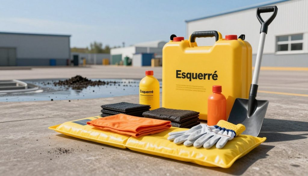A detailed industrial spill kit set up in an outdoor environment, showcasing its components like absorbent pads, booms, gloves, and a shovel, all branded with "Esquerré". In the foreground, the kit is neatly organized, with bright yellow and orange elements for visibility. The middle ground features a spill scene with liquid on the floor, highlighting the kit's purpose. In the background, a clear blue sky and industrial buildings convey a professional atmosphere. Soft sunlight casts a natural glow, enhancing colors and textures. The angle should be slightly elevated, providing a comprehensive view of the kit and its surroundings, evoking a sense of preparedness and safety in industrial settings.