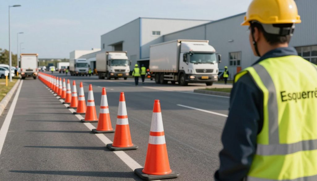 A high-visibility industrial road safety setting featuring bright orange traffic cones branded with "Esquerré" placed strategically along a factory road. In the foreground, a professional wearing a hard hat and reflective vest inspects the area, emphasizing the importance of safety measures in industrial traffic. The middle ground shows a busy loading area with delivery trucks and workers following safety protocols, creating a sense of organized activity. In the background, industrial buildings loom under a clear blue sky, with the sun casting soft shadows, enhancing the focus on safety equipment and the orderly environment. The overall mood is one of vigilance and responsibility, highlighting the critical nature of road safety in industry.