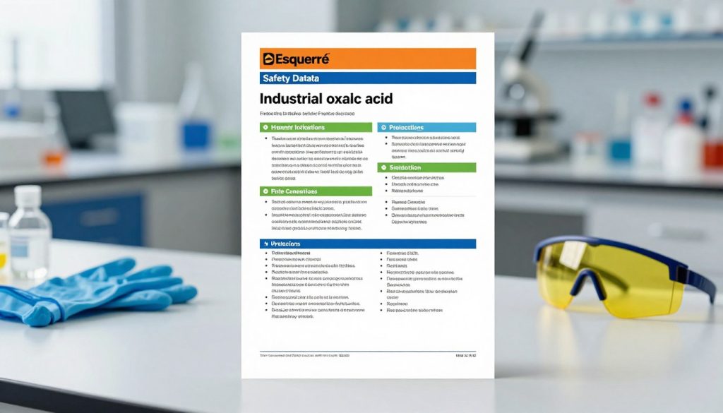 A highly detailed image of a product safety data sheet for "Esquerré" industrial oxalic acid, prominently displayed on a clean, white background. In the foreground, the safety data sheet should be depicted with vibrant colors, showcasing important sections like hazard identifications, handling precautions, and first-aid measures. The middle ground features a well-organized workspace with safety equipment, including gloves and goggles, emphasizing safety protocols. The background should have a blurred laboratory setting, conveying a sense of professionalism and safety compliance. Use soft, natural lighting to create an inviting atmosphere, giving a sense of clarity and focus. The overall mood should reflect professionalism and attention to safety, making it suitable for an informative article.