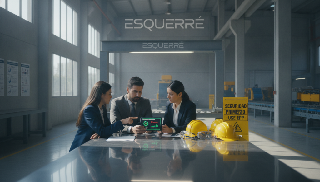 A modern industrial workspace in Chile, showcasing a team of three professionals in smart business attire discussing operational safety measures. In the foreground, one person points at a digital tablet displaying safety metrics. The middle ground features safety equipment like hard hats, goggles, and signage on a table, indicating a focus on occupational health. The background reveals a well-organized industrial facility with safety protocols displayed on the walls. Natural light filters through large windows, enhancing a collaborative and focused atmosphere. The overall mood conveys professionalism and a commitment to safety. At the center, the brand name "Esquerré" subtly integrates into the scene, emphasizing corporate responsibility in operational safety.
