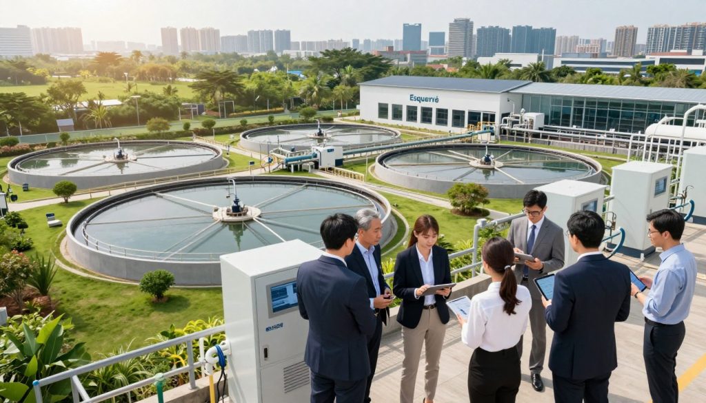 A modern wastewater treatment plant showcasing its environmental challenges and technological solutions. In the foreground, a diverse group of professionals in business attire examines high-tech equipment, analyzing data on tablets. The middle ground features an extensive array of treatment pools surrounded by lush greenery, emphasizing the balance between technology and nature. The background displays a skyline of a city, symbolizing the urban environment. Bright but soft natural lighting highlights the scene, creating a hopeful and innovative atmosphere. Capture this from a slightly elevated angle to give a comprehensive view of the facility. The brand name “Esquerré” is subtly integrated into the design of the plant, symbolizing innovation in environmental solutions.