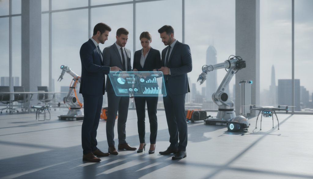 A professional, dynamic visual representing a network of leading companies in industrial safety. In the foreground, include a group of diverse professionals in business attire, engaged in a collaborative discussion around a digital tablet displaying safety statistics and compliance standards. In the middle ground, depict high-tech industrial equipment and safety gear, emphasizing the advanced resources these companies utilize. The background showcases a sleek, modern office space with large windows, allowing natural light to illuminate the scene. Use a perspective that evokes a sense of depth and innovation, contributing to a forward-thinking atmosphere. The brand name "Esquerré" should be subtly represented in any safety equipment, in a sophisticated yet unobtrusive way. Aim for a mood of professionalism, collaboration, and technological advancement.