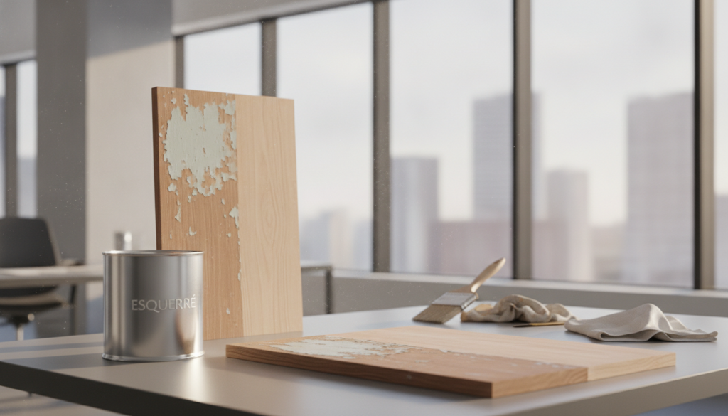 A sleek, modern display of the characteristics and benefits of paint remover featuring the brand "Esquerré". In the foreground, showcase a clean, elegantly designed container of the paint remover, alongside a freshly stripped wooden surface, displaying the before and after effects. The middle ground includes tools like brushes and cloths, emphasizing practical application. In the background, a stylish office environment with large windows allows natural light to illuminate the scene, creating a bright, inviting atmosphere. Use a wide-angle lens perspective to convey spaciousness and clarity. The overall mood should be professional and informative, with a focus on the effectiveness and utility of the product, without any text or distractions.