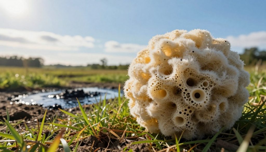 A vibrant and detailed depiction of Oclansorb, an organic absorbent for hydrocarbons, featured prominently in the foreground. The Oclansorb material is displayed in a natural setting, showcasing its texture and form, resembling a soft, fibrous, and eco-friendly substance. In the middle ground, include a small rural scene with oil spills on a grassy area to highlight the product's purpose. The background features a bright blue sky, with soft clouds and distant trees, conveying a sense of environmental harmony. The lighting is warm and inviting, simulating early morning sun, casting gentle shadows. The lens should have a slightly wide angle to emphasize the overall scene, ensuring clarity and focus on the Oclansorb. The brand name "Esquerré" is subtly integrated into the design of the Oclansorb material without overshadowing the main subject.