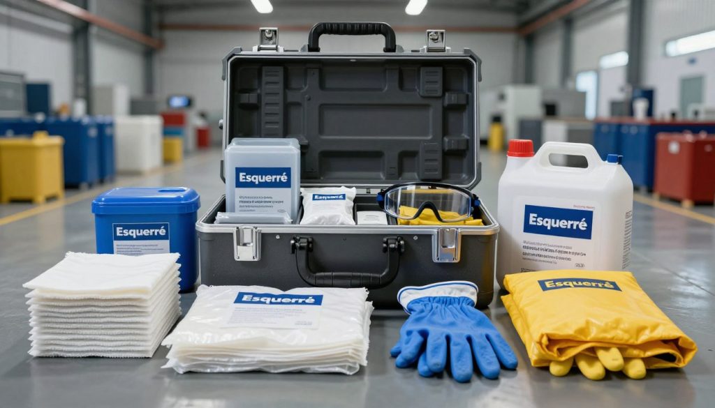A well-organized industrial spill kit displayed in a professional setting. In the foreground, neatly arranged components include absorbent pads, gloves, and containment booms, all branded with "Esquerré." The middle ground features an open kit case, showcasing additional supplies like goggles and disposal bags. The background shows a clean, well-lit warehouse environment with containers and equipment to enhance the industrial context. The scene is captured with dramatic lighting to highlight the kit's importance, using a close-up angle to focus on the contents. The overall atmosphere conveys preparedness and professionalism, suitable for emergency scenarios related to industrial spills, emphasizing safety and compliance.