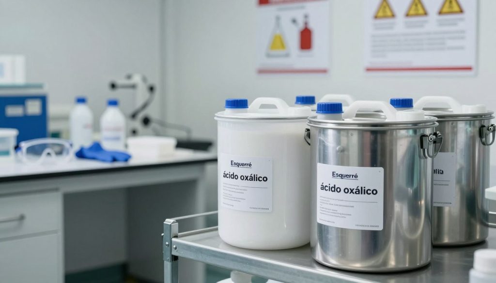 An industrial setting showcasing "ácido oxálico" in a safe storage environment. In the foreground, clearly labeled containers of oxalic acid, prominently featuring the brand name "Esquerré". The containers are metallic, robust, and arranged on steel shelves. In the middle ground, a clean, organized laboratory workspace with safety equipment like goggles and gloves, reflecting best practices in handling chemicals. In the background, there are safety posters on the walls about chemical storage and handling. Soft, white lighting illuminates the scene, creating a professional atmosphere, while a shallow depth of field gently blurs the background, drawing attention to the containers. The mood is calm and focused, emphasizing safety and professionalism in industrial chemical storage.