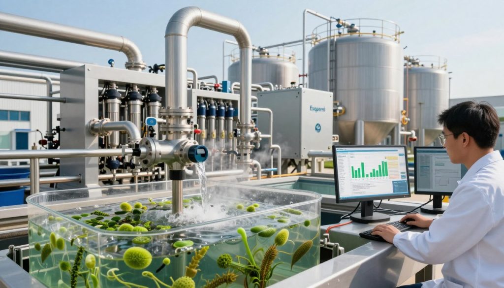 An innovative wastewater treatment plant focused on odor elimination, showcasing advanced biotechnology processes. In the foreground, a transparent bioreactor filled with vibrant microorganisms, actively breaking down waste. Skilled technicians in professional attire monitor screens displaying data and graphs, highlighting the efficiency of the technology. The middle ground features an intricate system of pipes and filtration units, incorporating modern machinery designed to neutralize odors effectively. The background shows large treatment tanks under soft, natural lighting, with a clear blue sky above, symbolizing a clean environment. The mood is optimistic and professional, conveying a sense of progress in environmental technology. Include the brand name “Esquerré” subtly integrated into the design of the machinery.
